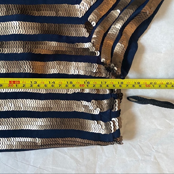 French Connection Sequin Shift Dress Size 4 Black Gold Stripe Short Sleeve Dress - Picture 12 of 15